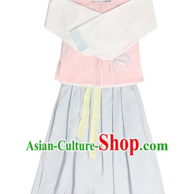 Traditional Ancient Chinese Young Lady Elegant Costume Embroidered Sleeveless Over-dress Slant Opening Blouse and Blue Slip Skirt Complete Set, Elegant Hanfu Clothing Chinese Ming Dynasty Imperial Princess Clothing for Women