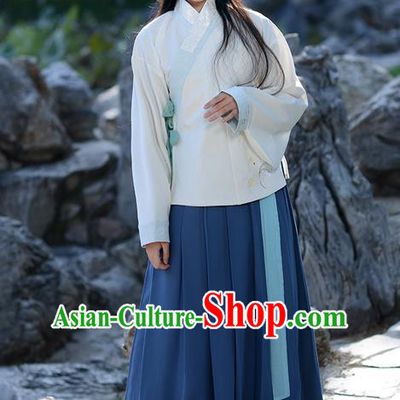 Traditional Ancient Chinese Young Lady Elegant Costume Embroidered Slant Opening Blouse and Deep Blue Slip Skirt Complete Set, Elegant Hanfu Clothing Chinese Ming Dynasty Imperial Princess Clothing for Women