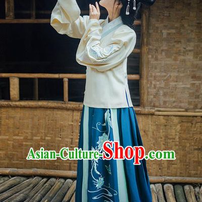 Traditional Ancient Chinese Young Lady Elegant Costume Embroidered Epiphyllum Slant Opening Blouse and Deep Blue Slip Skirt Complete Set, Elegant Hanfu Clothing Chinese Ming Dynasty Imperial Princess Clothing for Women