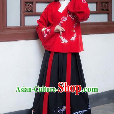 Traditional Ancient Chinese Young Lady Elegant Costume Embroidered Fancy Carp Slant Opening Blouse and Black Slip Skirt Complete Set, Elegant Hanfu Clothing Chinese Ming Dynasty Imperial Princess Clothing for Women