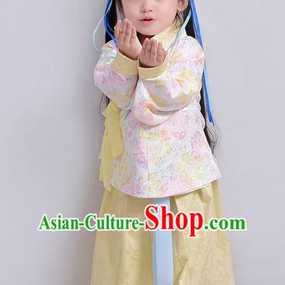 Traditional Ancient Chinese Children Elegant Costume Embroidered Slant Opening Blouse and Slip Skirt Complete Set, Elegant Hanfu Clothing Chinese Ming Dynasty Imperial Princess Clothing for Kids