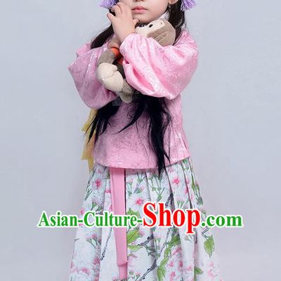 Traditional Ancient Chinese Children Girls Elegant Costume Embroidered Slant Opening Blouse and Slip Skirt Complete Set, Elegant Hanfu Clothing Chinese Ming Dynasty Imperial Princess Clothing for Kids