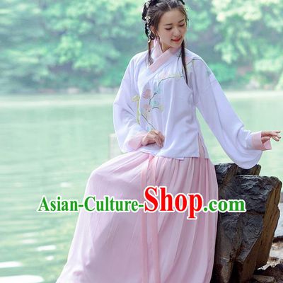 Traditional Ancient Chinese Young Lady Costume Embroidered Blouse and Slip Skirt Complete Set, Elegant Hanfu Suits Clothing Chinese Ming Dynasty Imperial Princess Dress Clothing for Women