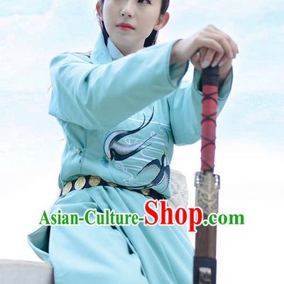 Traditional Chinese Ancient Hanfu Jiang Hu Swordsman Tang Dynasty Imperial Bodyguard Blue Robe Costume for Women for Men