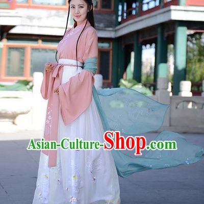 Traditional Ancient Chinese Young Lady Elegant Costume Embroidered Slant Opening Blouse and Slip Skirt Complete Set, Elegant Hanfu Clothing Chinese Tang Dynasty Imperial Princess Clothing for Women