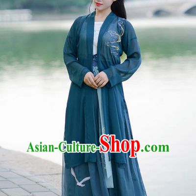 Traditional Ancient Chinese Young Lady Elegant Costume Embroidered Wide Sleeve Deep Green Cardigan, Elegant Hanfu Clothing Chinese Song Dynasty Imperial Princess Clothing for Women