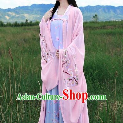 Traditional Ancient Chinese Young Lady Elegant Costume Embroidered Peach Blossom Wide Sleeve Cardigan Slant Opening Blouse and Slip Skirt Complete Set, Elegant Hanfu Clothing Chinese Song Dynasty Imperial Princess Clothing for Women