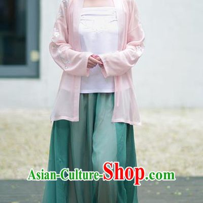 Traditional Ancient Chinese Young Lady Costume Embroidered Cardigan Boob Tube Top and Pants Complete Set, Elegant Hanfu Suits Clothing Chinese Song Dynasty Imperial Princess Dress Clothing for Women