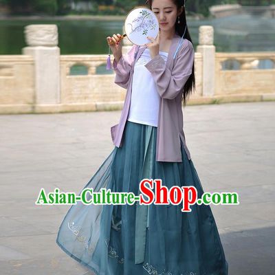 Traditional Ancient Chinese Young Lady Costume Embroidered Cardigan Blouse Boob Tube Top and Slip Skirt Complete Set, Elegant Hanfu Suits Clothing Chinese Song Dynasty Imperial Princess Dress Clothing for Women