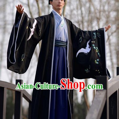 Traditional Ancient Chinese Elegant Costume Embroidered Crane Wide Sleeve Black Cardigan, Elegant Hanfu Clothing Chinese Jin Dynasty Imperial Cloak Clothing for Men