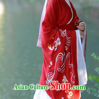 Traditional Ancient Chinese Young Lady Costume Embroidered Red Song Fringing and Belt, Elegant Hanfu Curving-Front Unlined Garment Dress Chinese Han Dynasty Imperial Princess Dress Clothing for Women