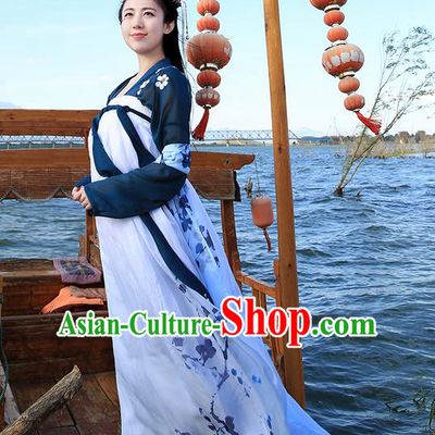 Traditional Ancient Chinese Young Lady Costume Embroidered Blouse and Ink Plum Blossom Slip Skirt Complete Set, Elegant Hanfu Suits Clothing Chinese Tang Dynasty Imperial Princess Dress Clothing for Women