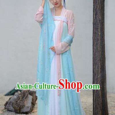 Traditional Ancient Chinese Young Lady Costume Embroidered Blouse and Slip Skirt Complete Set, Elegant Hanfu Suits Clothing Chinese Tang Dynasty Imperial Princess Dress Clothing for Women