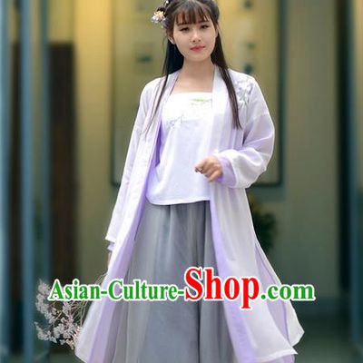 Traditional Ancient Chinese Young Lady Costume Embroidered Purple Cardigan Blouse Boob Tube Top and Slip Skirt Complete Set, Elegant Hanfu Suits Clothing Chinese Song Dynasty Imperial Princess Dress Clothing for Women
