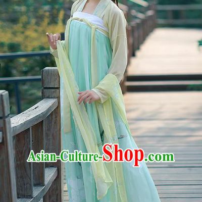 Traditional Ancient Chinese Young Lady Costume Embroidered Blouse and Light Blue Slip Skirt Complete Set, Elegant Hanfu Suits Clothing Chinese Tang Dynasty Imperial Princess Dress Clothing for Women