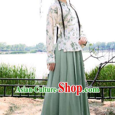 Traditional Ancient Chinese Young Lady Elegant Costume Linen Slant Opening Blouse and Slip Skirt Complete Set, Elegant Hanfu Clothing Chinese Ming Dynasty Imperial Princess Clothing for Women