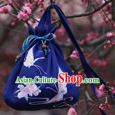 Traditional Ancient Chinese Young Lady Elegant Embroidered Butterfly Royalblue Handbags Cloth Bags for Women