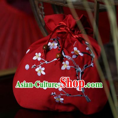 Traditional Ancient Chinese Young Lady Elegant Embroidered Wintersweet Red Handbags Cloth Bags for Women