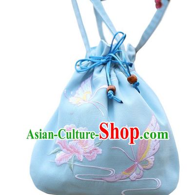 Traditional Ancient Chinese Young Lady Elegant Embroidered Butterfly Blue Handbags Cloth Bags for Women
