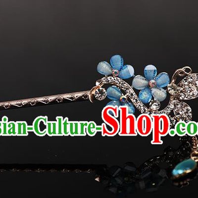 Traditional Handmade Chinese Ancient Classical Hair Accessories Bride Wedding Barrettes, Blue Hair Sticks Hair Jewellery, Hair Fascinators Hairpins for Women