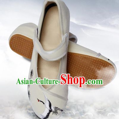 Traditional Chinese Ancient Shoes, China Handmade Embroidered Crane Beige Shoes, Ancient Princess Shoes for Women