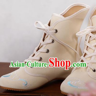 Traditional Chinese Ancient Shoes, China Handmade Embroidered Beige Shoes, Princess Boots for Women