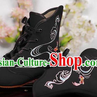 Traditional Chinese Ancient Shoes, China Handmade Embroidered Black Shoes, Princess Boots for Women