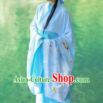 Traditional Ancient Chinese Young Lady Costume Embroidered White Song Fringing and Belt, Elegant Hanfu Curving-Front Unlined Garment Dress Chinese Han Dynasty Imperial Princess Dress Clothing for Women