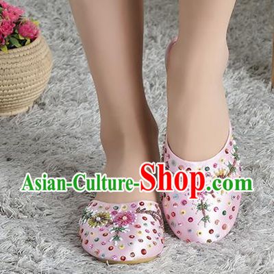 Traditional Chinese Shoes, China Handmade Linen Embroidered Beads Sequins Pink Slippers, Ancient Princess Satin Cloth Shoes for Women