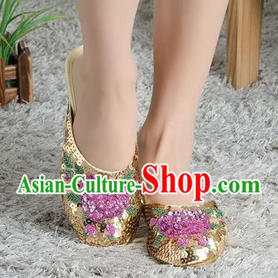 Traditional Chinese Shoes, China Handmade Linen Embroidered Beads Sequins Flowers Golden Slippers, Ancient Princess Satin Cloth Shoes for Women