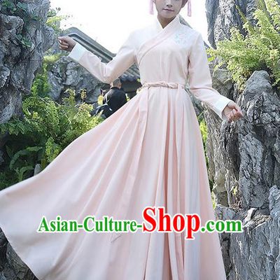 Traditional Ancient Chinese Costume, Elegant Hanfu Clothing Embroidered Slant Opening Pink Dress, China Han Dynasty Princess Elegant Clothing for Women