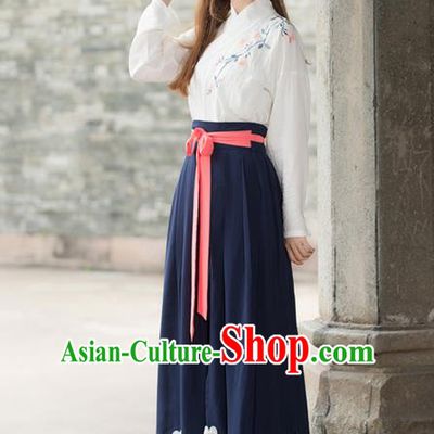 Traditional Ancient Chinese Costume, Elegant Hanfu Clothing Embroidered Slant Opening Blue Blouse and Slip Skirt Complete Set, China Han Dynasty Princess Elegant Clothing for Women