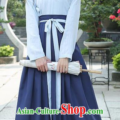 Traditional Ancient Chinese Costume, Elegant Hanfu Clothing Embroidered Slant Opening Blue Blouse and Slip Dress Complete Set, China Han Dynasty Princess Elegant Clothing for Women