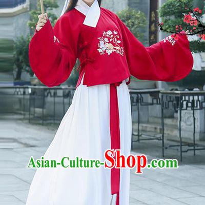 Traditional Ancient Chinese Young Lady Costume Embroidered Red Slant Opening Blouse and Slip Skirt, Elegant Hanfu Suits Clothing Chinese Ming Dynasty Imperial Princess Dress Clothing for Women