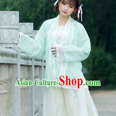 Traditional Ancient Chinese Young Lady Costume Embroidered BeiZi Green Cardigan, Elegant Hanfu Cloak Clothing Chinese Ming Dynasty Imperial Princess Dress Clothing for Women