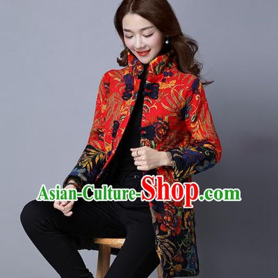 Traditional Chinese National Costume, Elegant Hanfu Stand Collar Cotton-padded Red Coat, China Tang Suit Plated Buttons Coats, Upper Outer Garment Jacket Clothing for Women