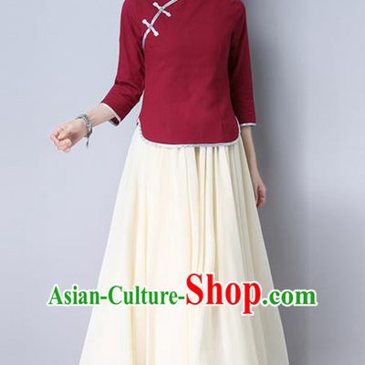 Traditional Chinese National Costume, Elegant Hanfu Red Slant Opening Blouse, China Tang Suit Retro Plated Buttons Chirpaur Blouse Cheong-sam Upper Outer Garment Qipao Shirts Clothing for Women