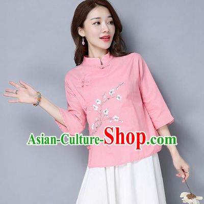 Traditional Chinese National Costume, Elegant Hanfu Pink Slant Opening Stand Collar Blouse, China Tang Suit Retro Plated Buttons Chirpaur Blouse Cheong-sam Upper Outer Garment Qipao Shirts Clothing for Women