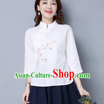 Traditional Chinese National Costume, Elegant Hanfu White Slant Opening Stand Collar Blouse, China Tang Suit Retro Plated Buttons Chirpaur Blouse Cheong-sam Upper Outer Garment Qipao Shirts Clothing for Women