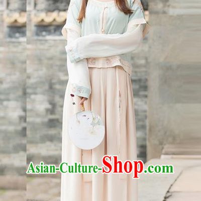 Traditional Ancient Chinese Young Lady Costume Embroidered Half-Sleeves Blouse and Slip Skirt, Elegant Hanfu Suits Clothing Chinese Ming Dynasty Imperial Princess Dress Clothing for Women