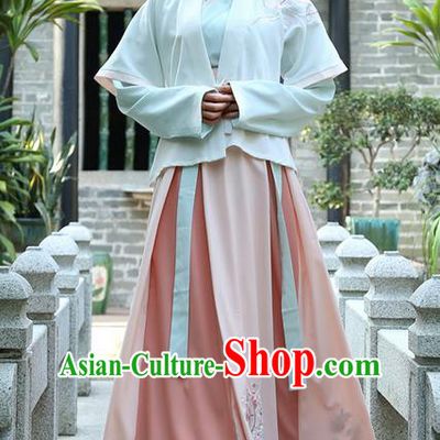 Traditional Ancient Chinese Young Lady Costume Embroidered Half-Sleeves Cardigan Blouse and Slip Skirt, Elegant Hanfu Suits Clothing Chinese Ming Dynasty Imperial Princess Dress Clothing for Women