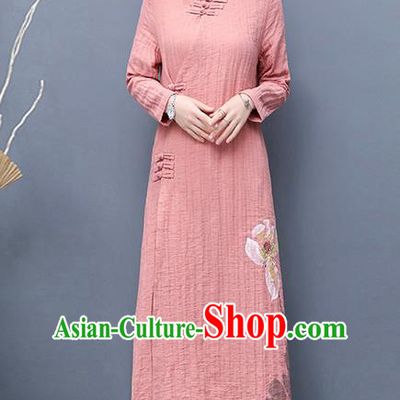 Traditional Ancient Chinese National Costume, Elegant Hanfu Mandarin Qipao Linen Hand Painting Pink Dress, China Tang Suit Chirpaur Republic of China Cheongsam Upper Outer Garment Elegant Dress Clothing for Women