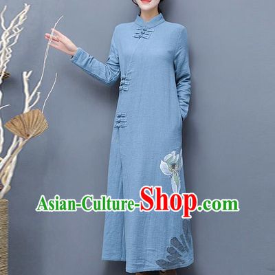 Traditional Ancient Chinese National Costume, Elegant Hanfu Mandarin Qipao Linen Hand Painting Blue Dress, China Tang Suit Chirpaur Republic of China Cheongsam Upper Outer Garment Elegant Dress Clothing for Women