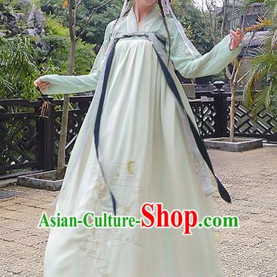 Traditional Ancient Chinese Costume, Elegant Hanfu Clothing Embroidered Slant Opening Green Blouse and Slip Dress, China Tang Dynasty Princess Elegant Blouse and Skirt Complete Set for Women