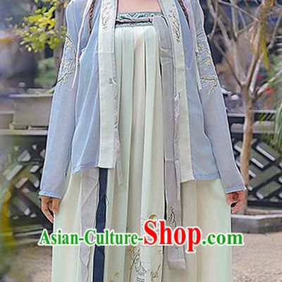 Traditional Ancient Chinese Costume, Elegant Hanfu Clothing Embroidered Slant Opening Blue Blouse and Slip Dress, China Tang Dynasty Princess Elegant Blouse and Skirt Complete Set for Women