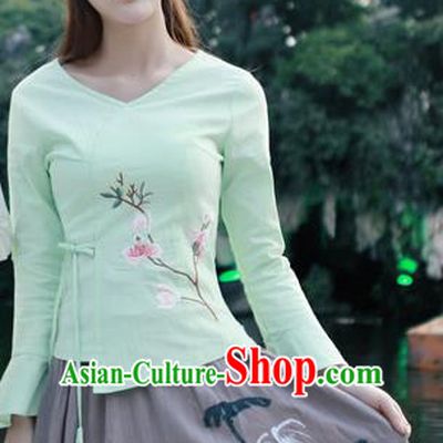 Traditional Chinese National Costume, Elegant Hanfu Embroidery Flowers Slant Opening Green Mandarin Sleeve Shirt, China Tang Suit Plated Buttons Chirpaur Blouse Cheong-sam Upper Outer Garment Qipao Shirts Clothing for Women