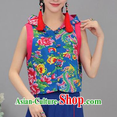 Traditional Chinese National Costume, Elegant Hanfu Vests Blue Shirt, China Tang Suit Plated Buttons Chirpaur Blouse Cheong-sam Upper Outer Garment Qipao Shirts Vest Clothing for Women