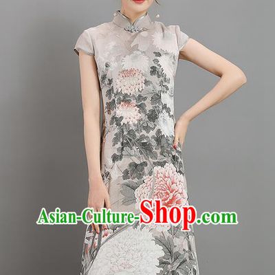 Traditional Ancient Chinese National Costume, Elegant Hanfu Mandarin Qipao Linen Printing Dress, China Tang Suit Chirpaur Republic of China Cheongsam Garment Elegant Dress Clothing for Women