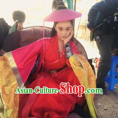 Traditional Ancient Chinese Chivalrous Swordswoman Costume and Bamboo Hat Complete Set, Chinese Ming Dynasty Chivalrous Woman Red Dress, Cosplay Chinese Television Drama Vagabondize Heroine Hanfu Trailing Embroidery Clothing for Women