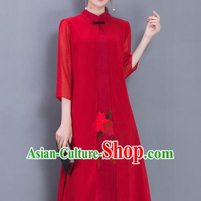 Traditional Ancient Chinese National Costume, Elegant Hanfu Pattern Mandarin Qipao Printing Red Dress, China Tang Suit Cheongsam Upper Outer Garment Elegant Dress Clothing for Women